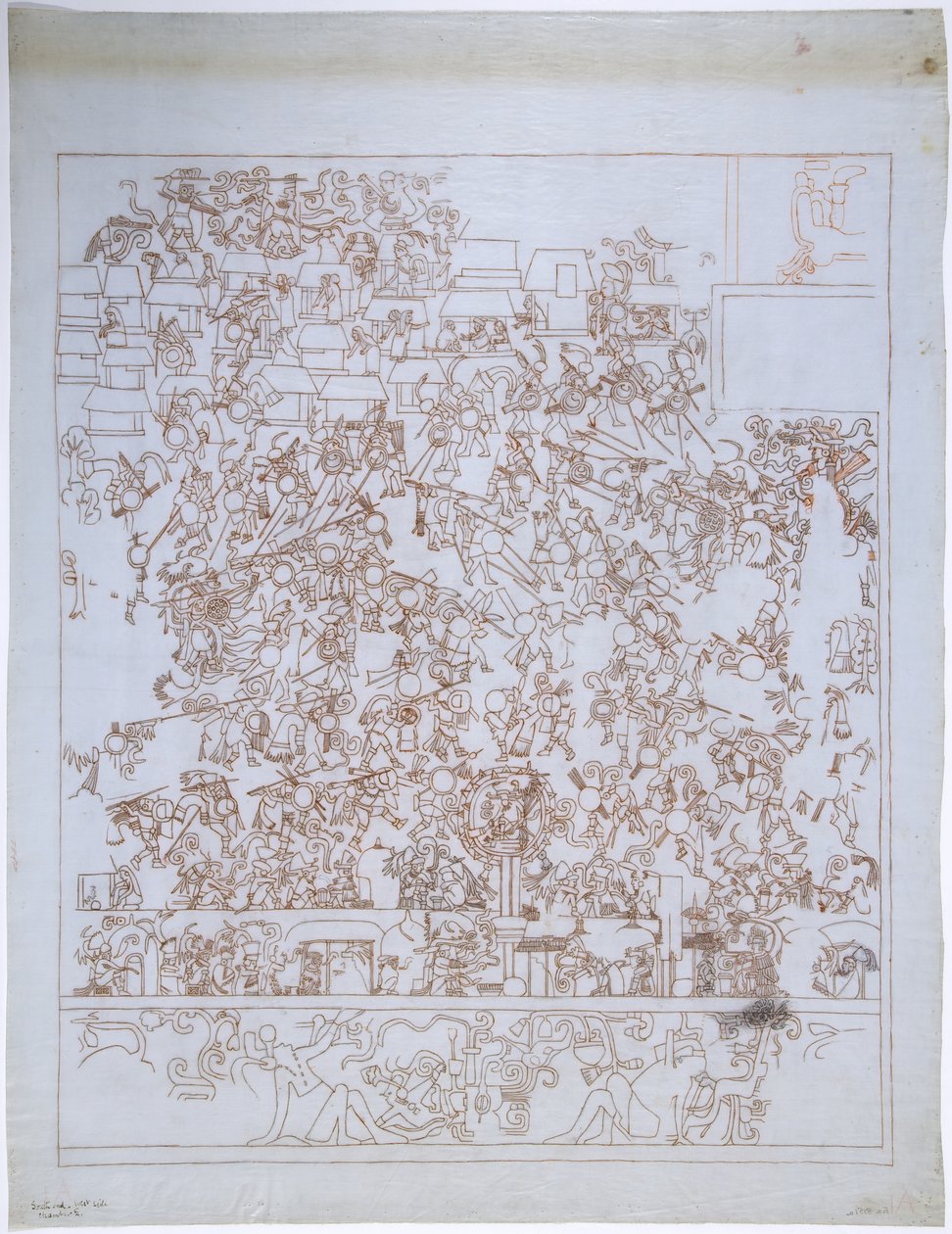 Kopie nástěnné malby, Horní chrám Jaguárů, South End, Západní zeď, Horní chrám Jaguárů, Chichén Itzá, Mexiko (červený inkoust a grafit) od Adela Breton