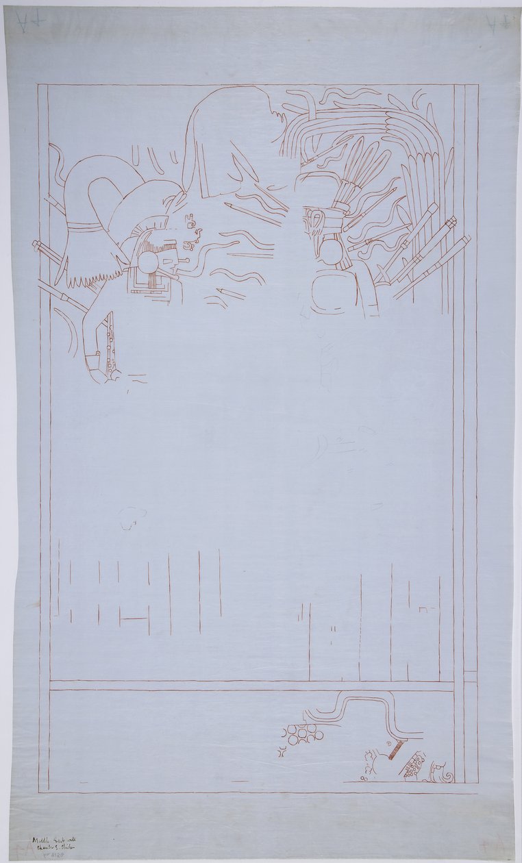 Kopie nástěnné malby z východní zdi, Horního chrámu jaguárů, Chichen Itza, Mexiko   (červený inkoust a grafit) od Adela Breton