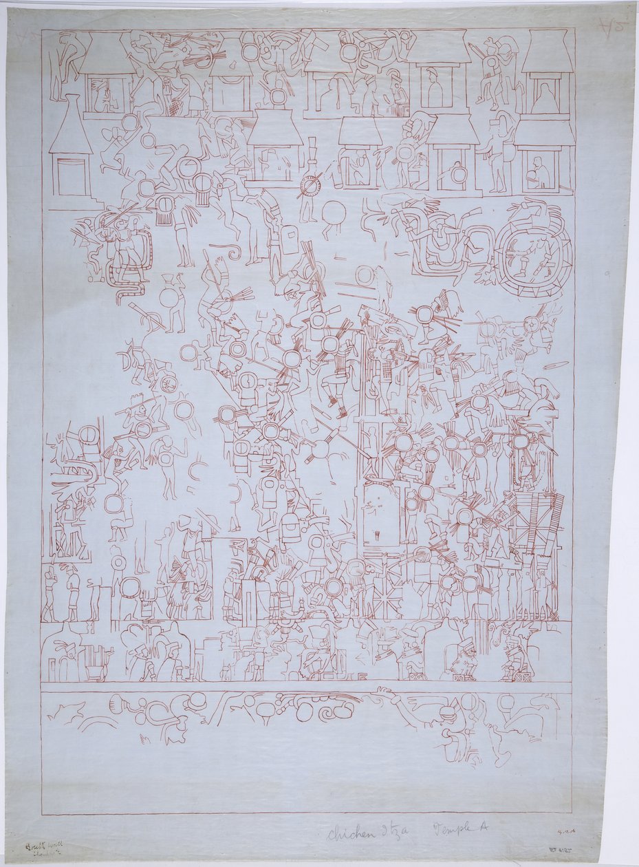 Kresba jižní zdi, Horní chrám jaguárů, Chichen Itza, Mexiko (červený inkoust) od Adela Breton