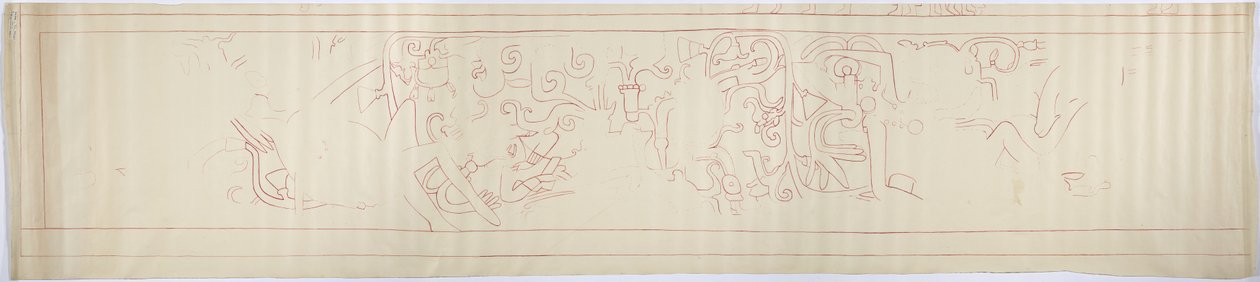 Obrys nástěnné malby ze západní stěny, Horní chrám jaguárů, Chichen Itzá, Mexiko (červený inkoust a   grafit) od Adela Breton