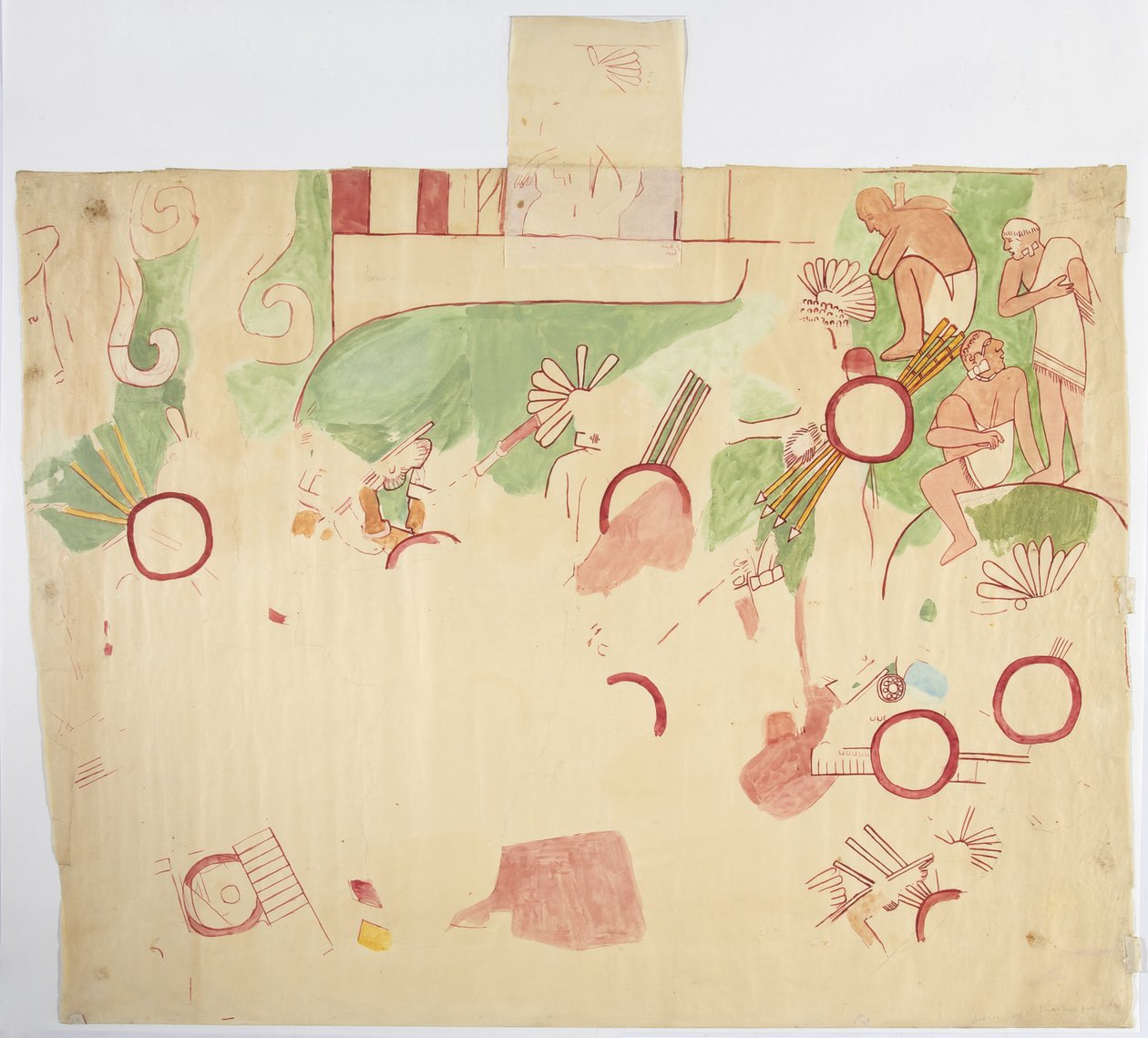 Malba z východní stěny, Horní chrám jaguárů, Chichén Itzá, Mexiko (akvarel, tělová barva, grafit) od Adela Breton