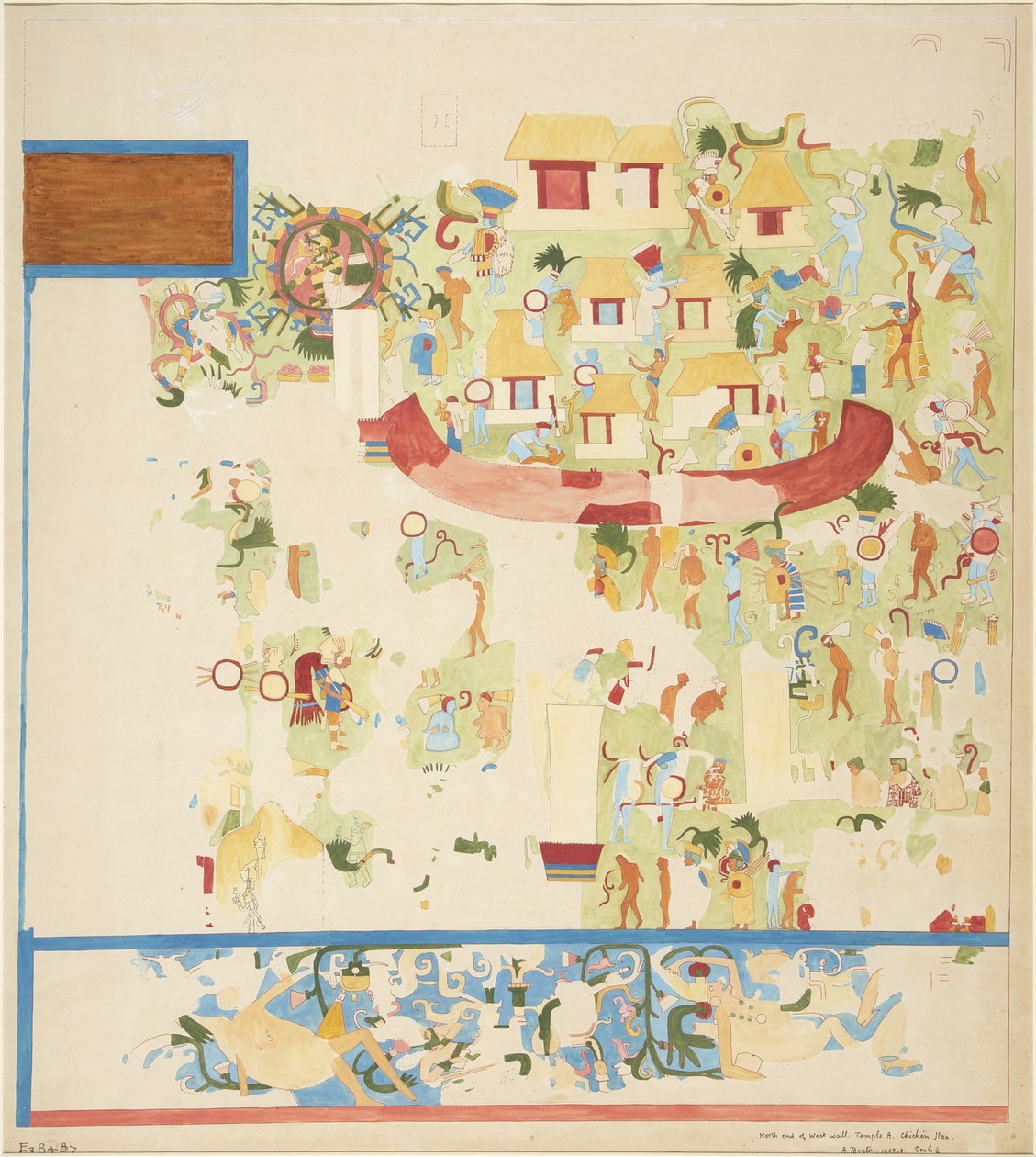 Čtvrtletní kopie nástěnné malby ze severního konce západní stěny, Horní chrám jaguárů, Chichen Itzá, Mexiko (akvarel) od Adela Breton