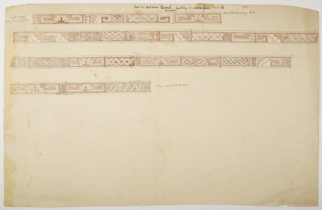 Ruiny/kamenné reliéfy v chrámu v Uxmal, Mexiko zobrazující vlys (akvarel) od Adela Breton