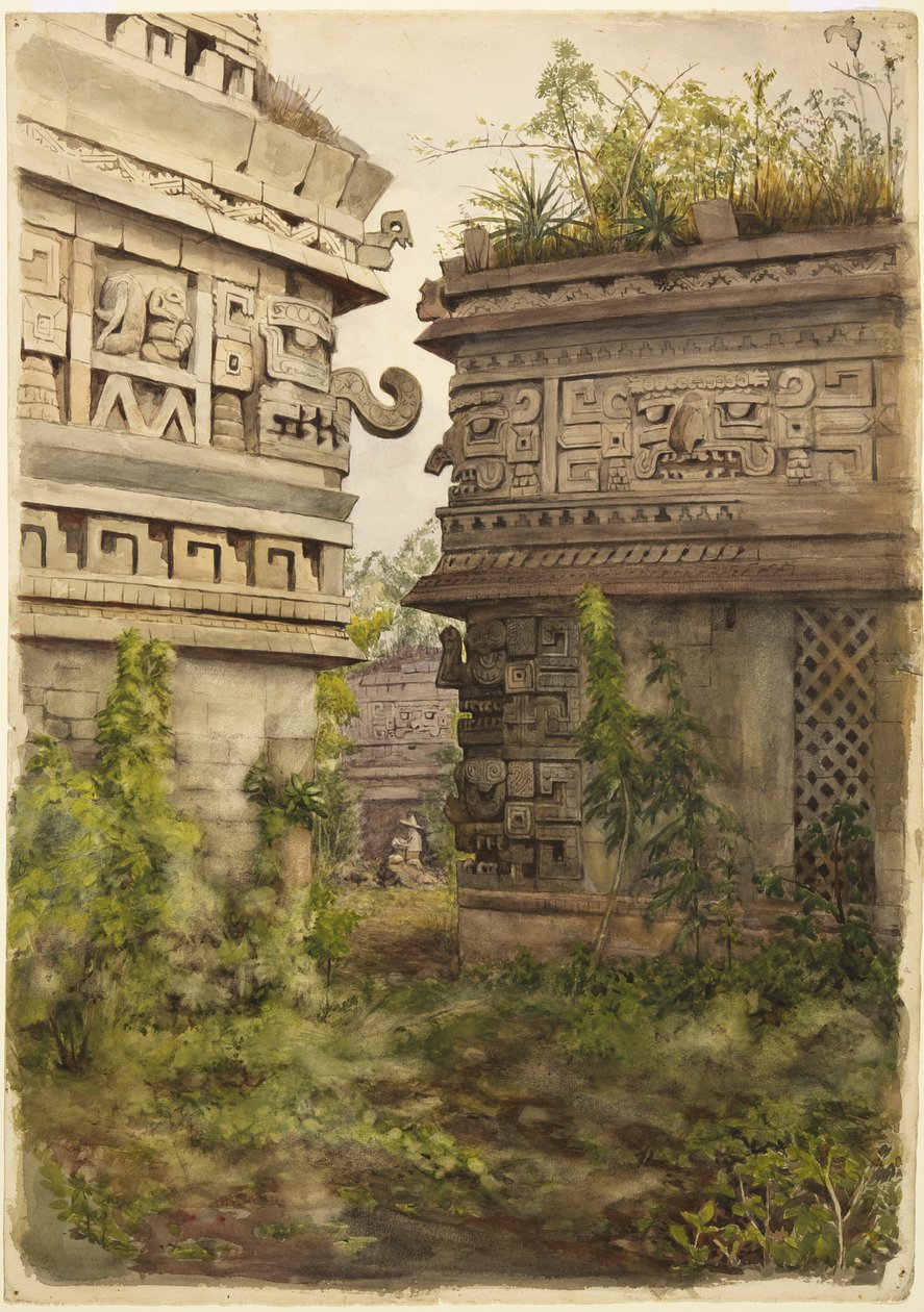 Scéna z Chichen Itza, Mexiko (akvarel na papíře) od Adela Breton