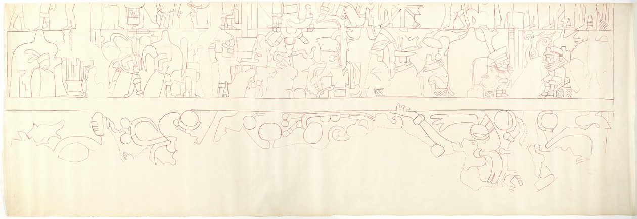 Jižní zeď, Horní chrám jaguárů, Chichén Itzá, Mexiko Jižní čtvrť (červený inkoust a grafit) od Adela Breton