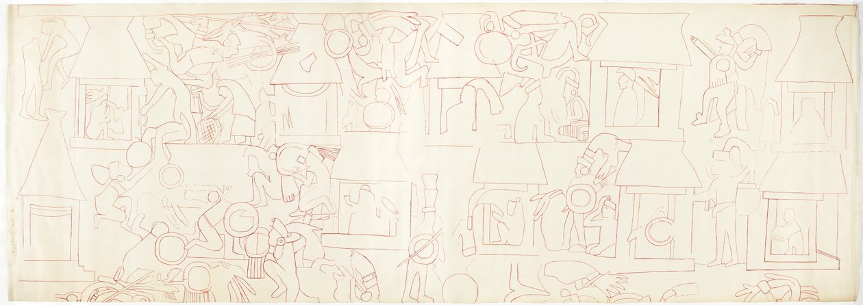 Jižní stěna, Horní chrám jaguárů, Chichén Itzá, Mexiko Severní čtvrť (červený inkoust a grafit) od Adela Breton