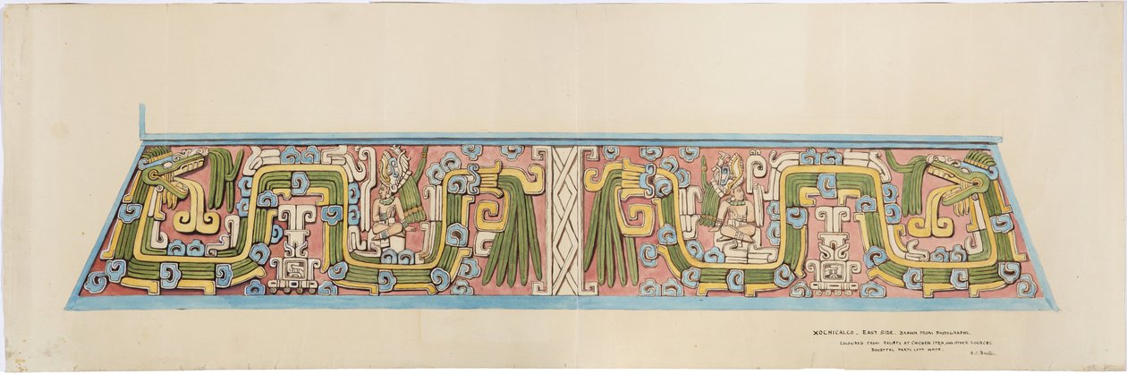 Kamenný reliéf z Xochicalco, Mexiko Jižní stěna Cerro Colorado, Tehuacan (akvarel) od Adela Breton