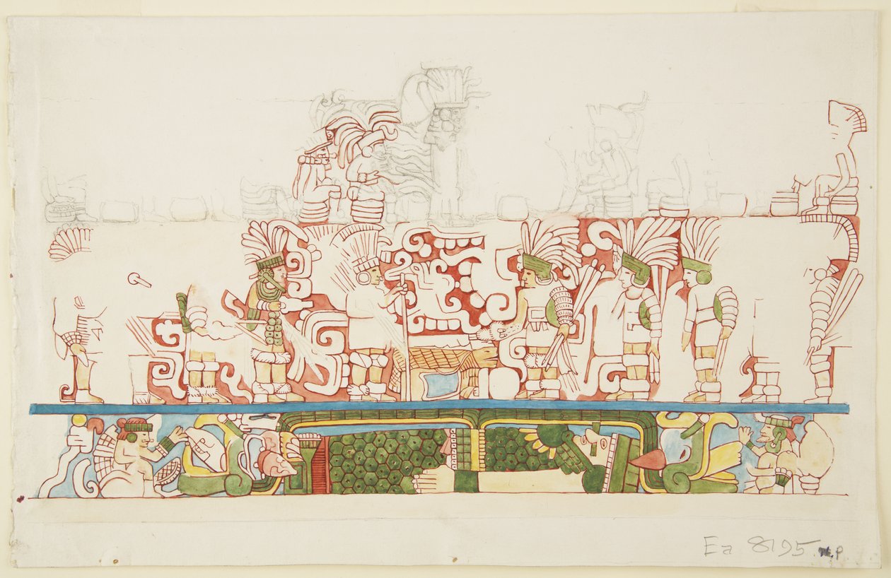 Kamenný reliéf ze středu severní zdi, severní budova C, Ball Court, Chichen Itza, Mexiko (akvarel) od Adela Breton