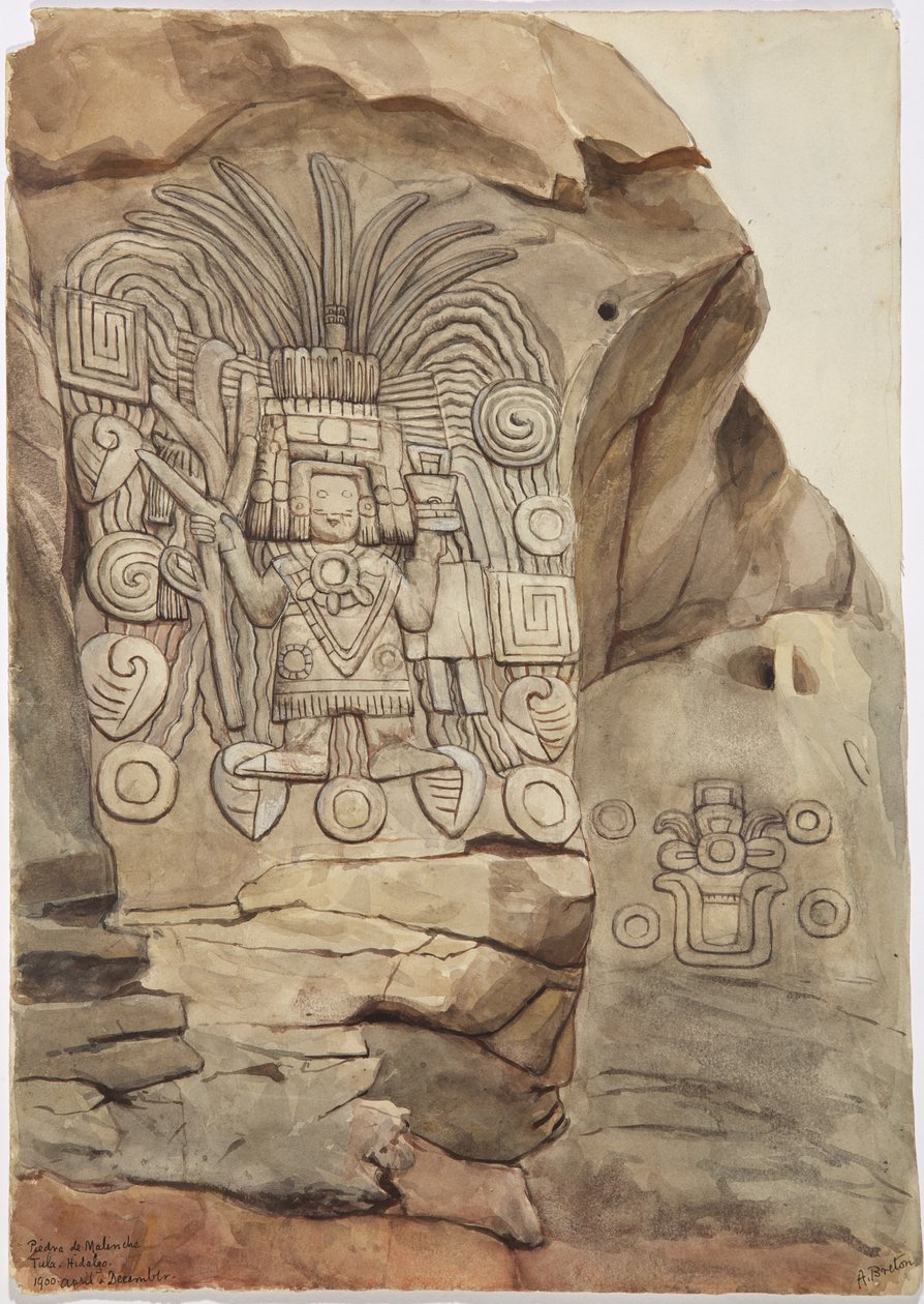 Kamenný reliéf v přírodní skále od Adely Breton - Piedra de Malinche, Tula, Hidalgo, Mexiko (akvarel) od Adela Breton