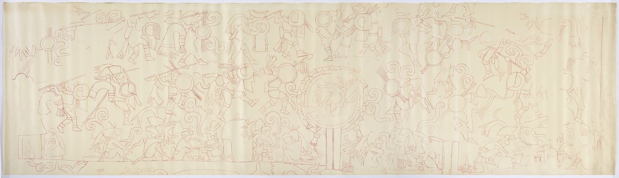 Trasování nástěnné malby ze západní stěny, Horní chrám Jaguárů, Chichén Itzá, Mexiko (červený inkoust) od Adela Breton