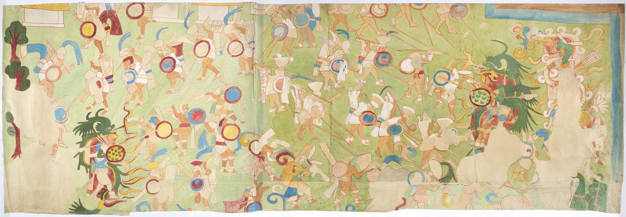 Trasování nástěnné malby z jihozápadní stěny, Horní chrám jaguárů, Chichen Itza Chichen Itza, Mexiko (akvarel, tělová barva, grafit) od Adela Breton