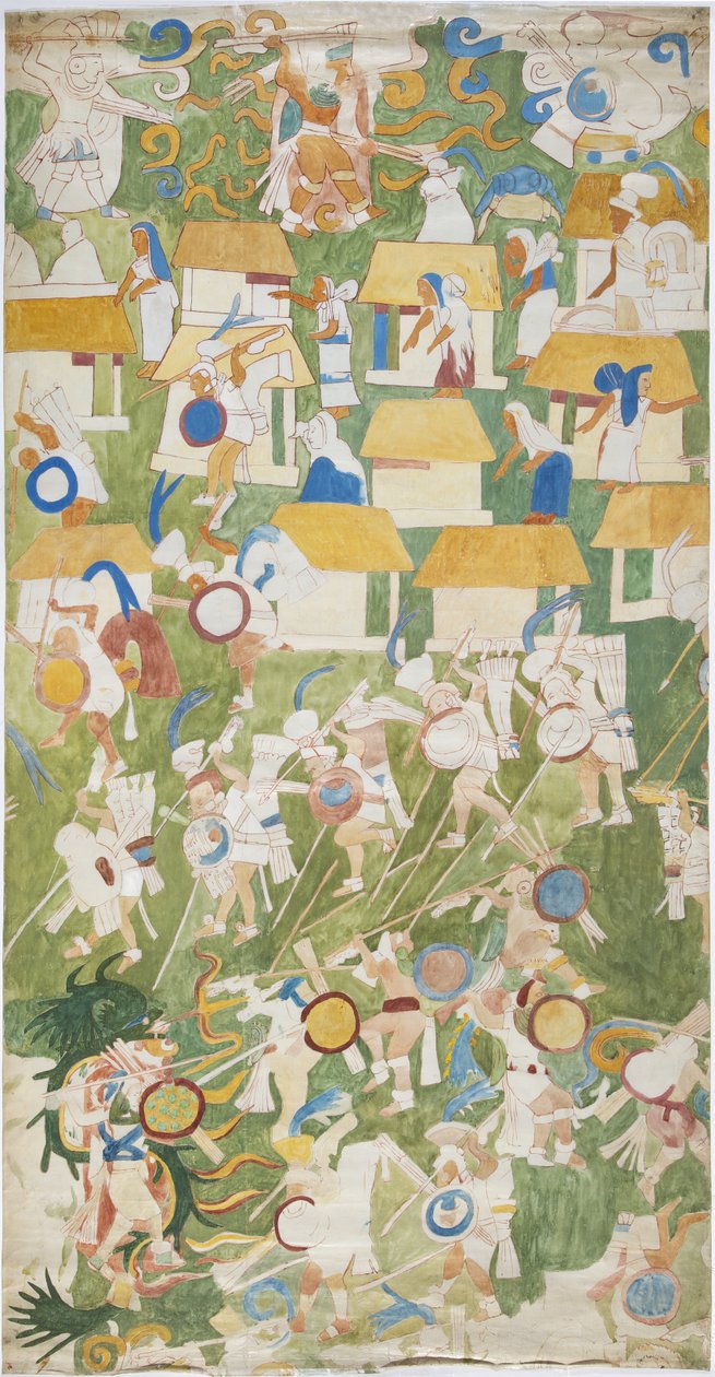 Trasování nástěnné malby z jižního panelu západní stěny, Horní chrám jaguárů, Chichen Itza, Mexiko (akvarel a grafit) od Adela Breton