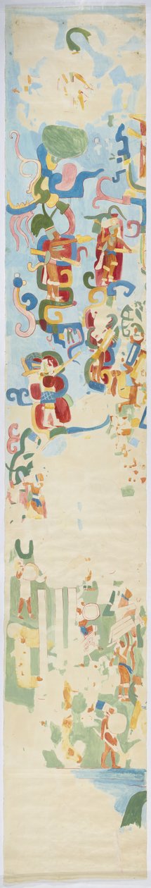 Trasování nástěnné malby Severní stěna vnitřní komory, Horní chrám jaguárů (Maudsleyho chrám AT), Chichen Itza, Mexiko (akvarel, tělová barva, grafit) od Adela Breton