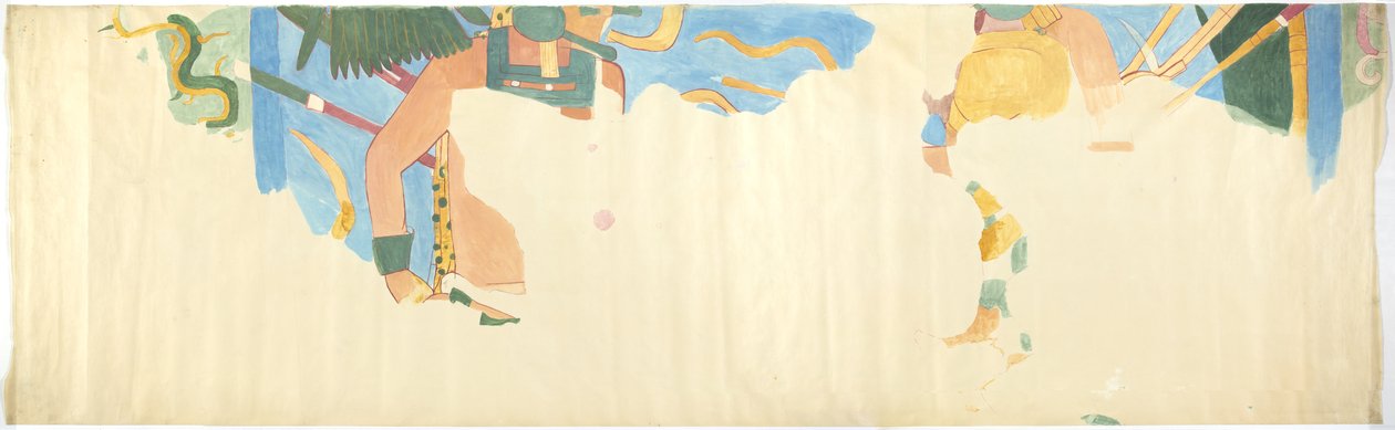 Sledování nástěnné malby v Chichen Itzá, Mexiko Z východní stěny, vnitřní střední komora, Horní chrám jaguárů, Velký míčový kurt   (akvarel, tělová barva, grafit) od Adela Breton