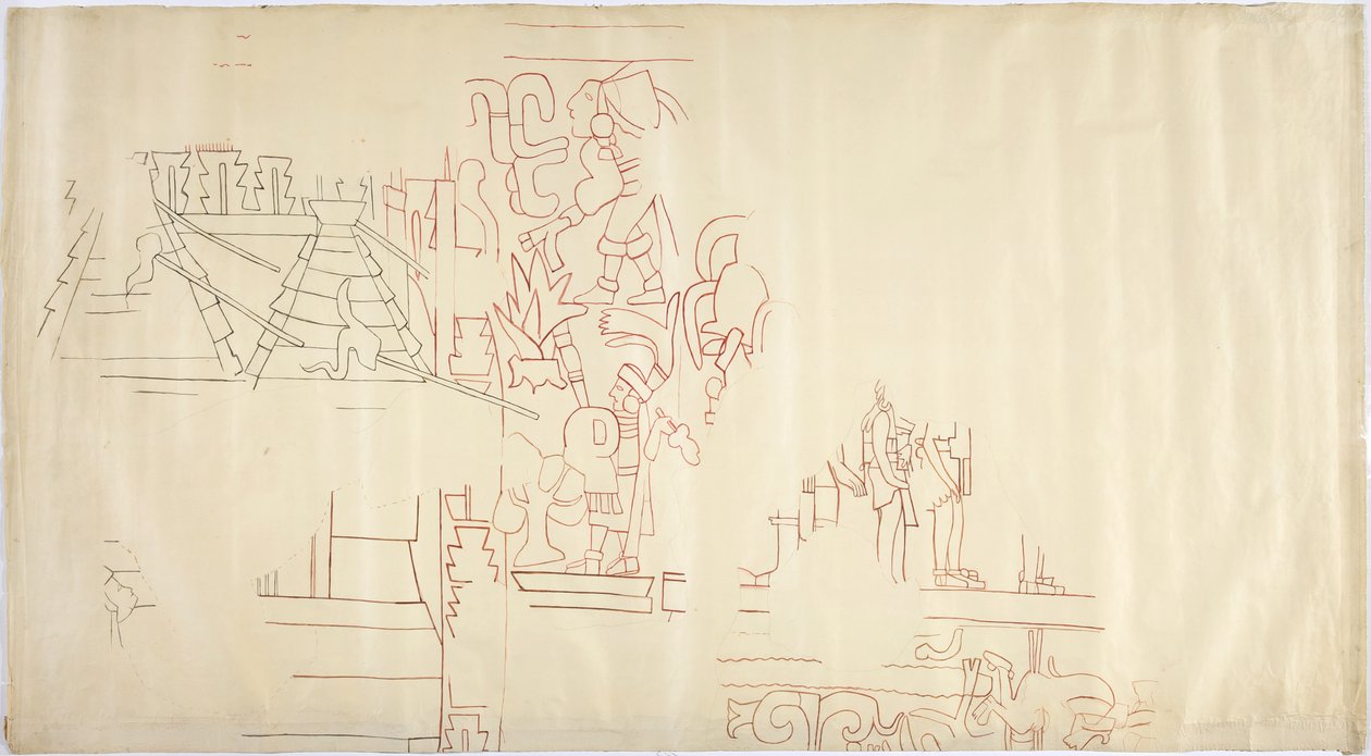Obkreslování nástěnné malby z Casa de Monjas, Chichen Itza, Mexiko Obkresleno a napuštěno černým a červeným inkoustem (červený a černý inkoust a grafit) od Adela Breton
