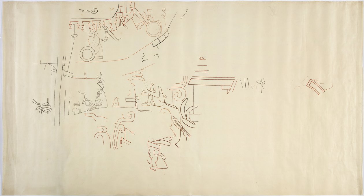 Trasování nástěnné malby z Casa de Monjas, Chichen Itza, Mexiko Vault ve velké komoře (červený, černý a hnědý inkoust a grafit) od Adela Breton