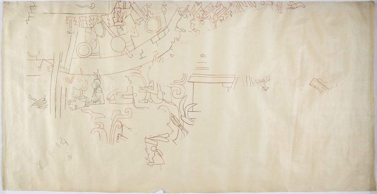 Trasování nástěnné malby z Casa de Monjas, Chichen Itza, Mexiko Vault ve velké komoře (červený, černý a hnědý inkoust a grafit) od Adela Breton