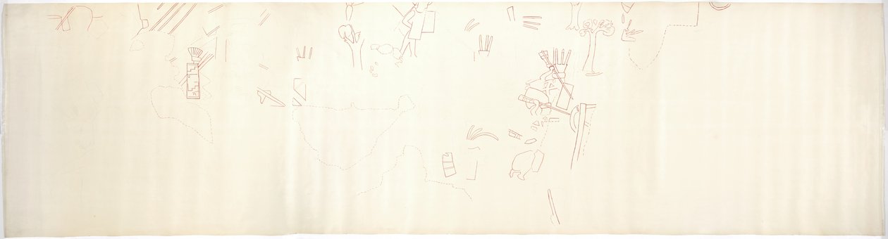 Trasování nástěnné malby z East Wall, Horního chrámu jaguárů Chichen Itza, Mexiko (červený inkoust a   grafit) od Adela Breton