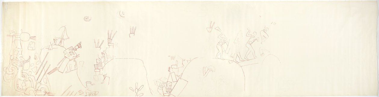 Trasování nástěnné malby z východní stěny, Horní chrám jaguárů, Chichen Itzá, Mexiko (červený inkoust a   grafit) od Adela Breton