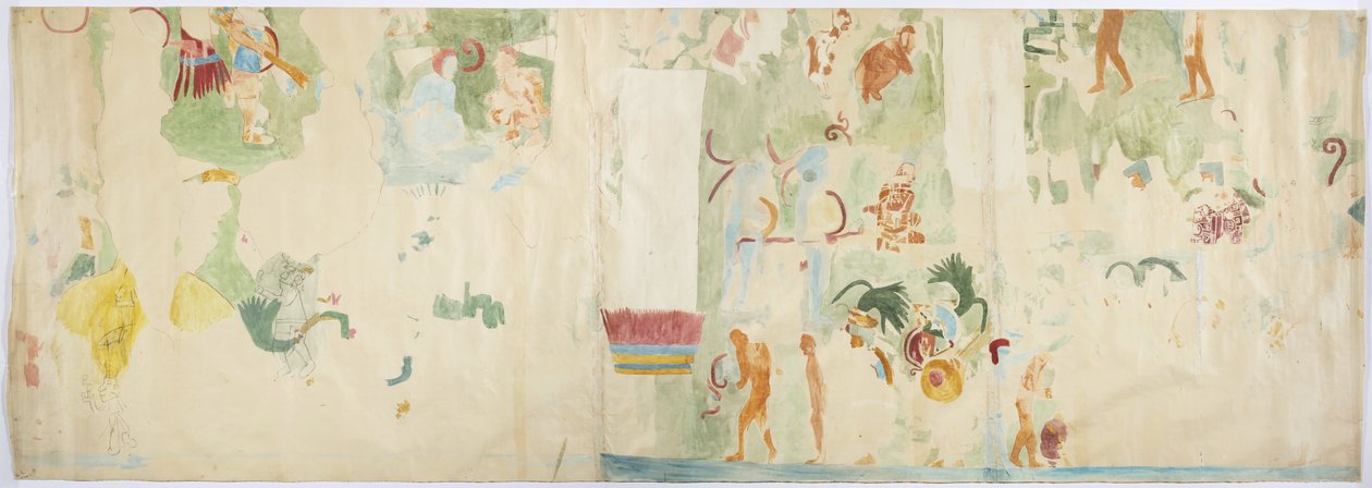 Trasování nástěnné malby ze severního panelu, západní stěna, Horní chrám Jaguárů, Chichen Itza, Mexiko   (akvarel a tělová barva) od Adela Breton