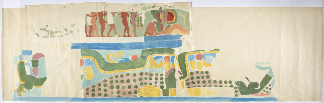 Trasování nástěnné malby ze dveří, Horní chrám Jaguárů, Chichén Itzá, Mexiko (akvarel, tělová barva, grafit) od Adela Breton
