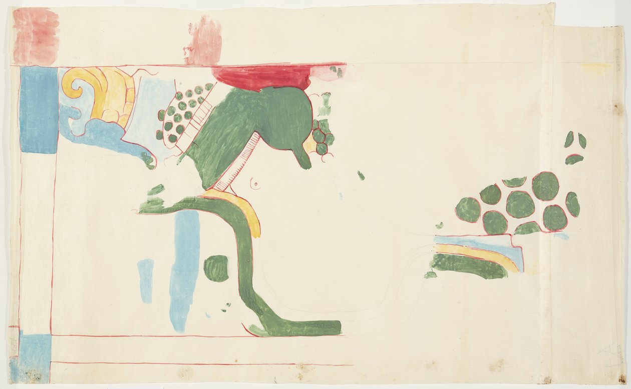 Trasování nástěnné malby z Horního chrámu jaguárů, Chichen Itzá, Mexiko   (akvarel, tělová barva, grafit) od Adela Breton
