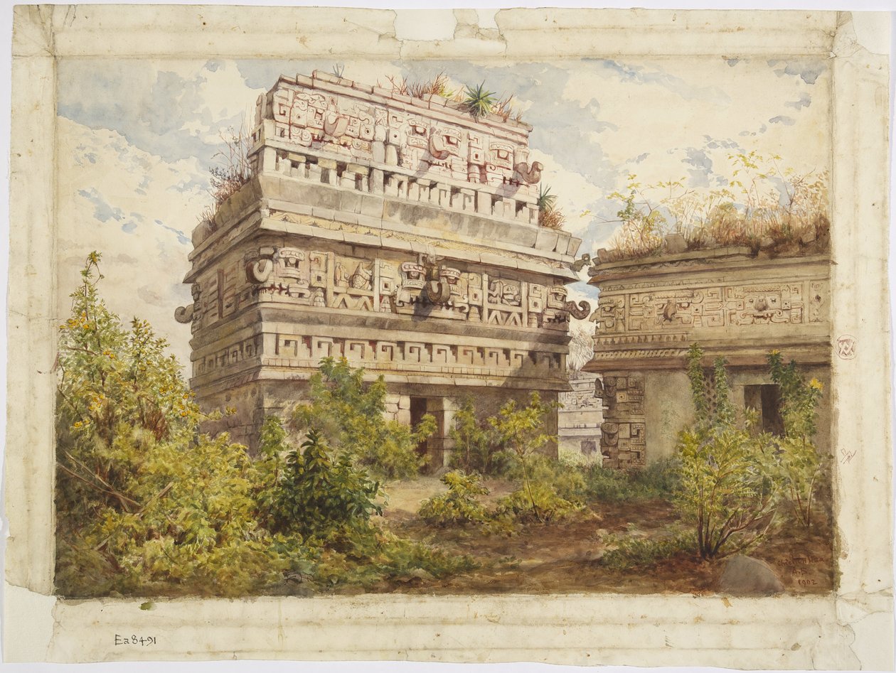 Ruiny Chichen Itza, Yucatan, Mexiko Zobrazuje západní fasádu Iglesia (akvarel) od Adela Breton