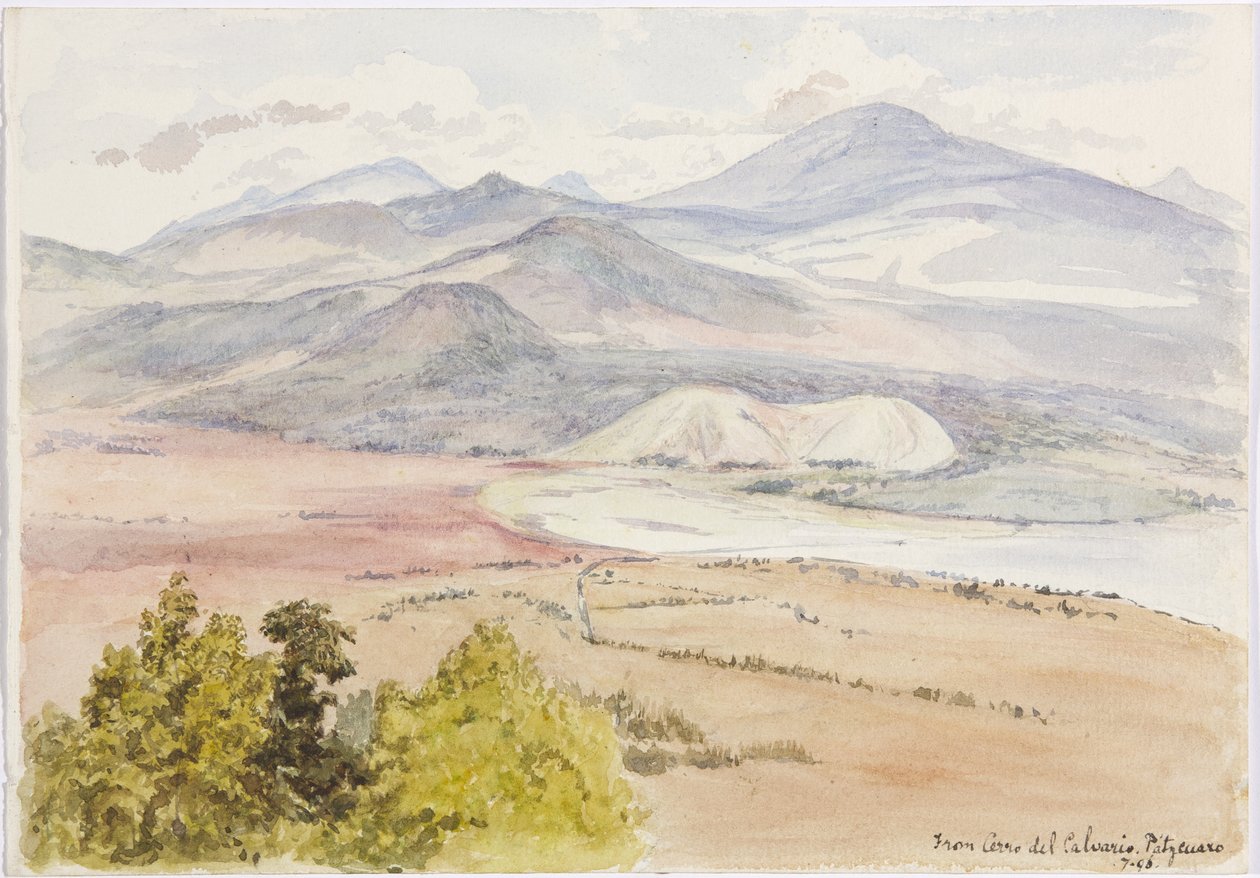 Pohled z Cerro del Calvario, Patzcuaxo na jedné straně papíru a na druhé je pohled na starobylou pevnost a kamenné mohyly, Iguatcho z Cerro del Calvario, Patzcuaro, Michoacan, Mexiko (akvarel) od Adela Breton