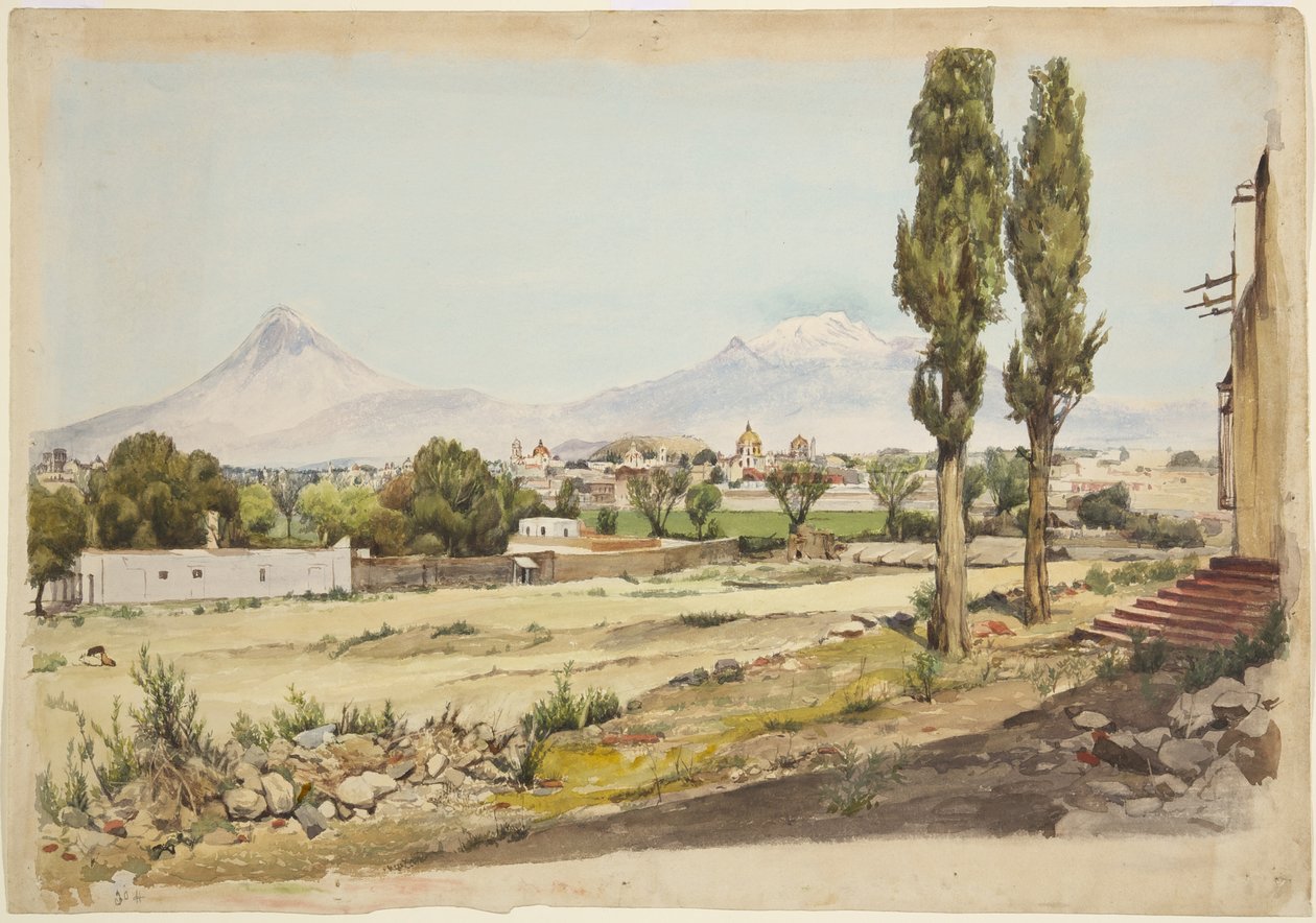 Sopky Popocatépetl a Iztaccihuatl sopky, Puebla, Mexiko (akvarel) od Adela Breton