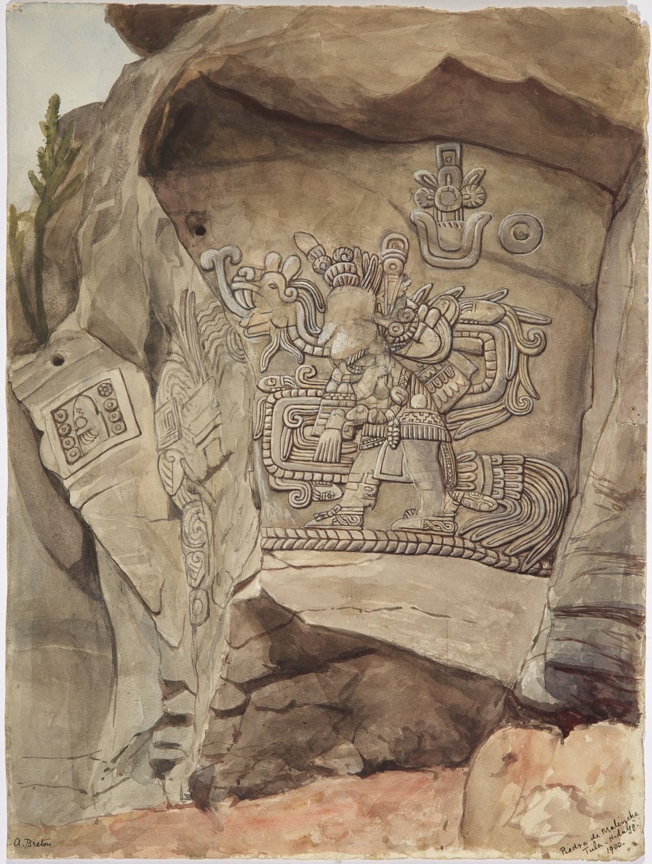 Kamenný reliéf z Piedra de Malinche, Tula, Hidalgo, Mexiko (akvarel) od Adela Breton