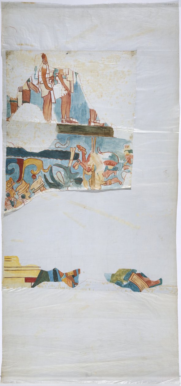 Akvarel na plátěném papíře Nákres nástěnné malby z trezoru ve velké komoře, Casa de Monjas, Chichen Itza, Mexiko (akvarel a tělová barva) od Adela Breton