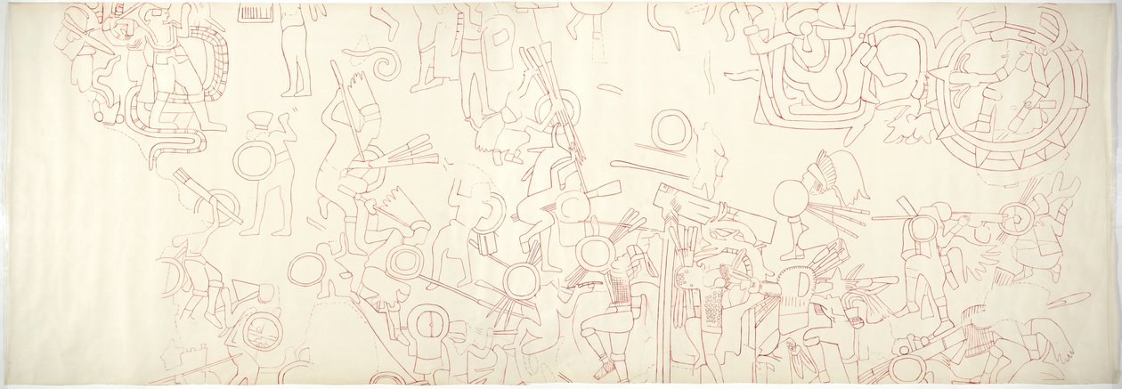 jižní stěna, Horní chrám jaguárů, Chichén Itzá, Mexiko Severní centrální čtvrť (červený inkoust a grafit) od Adela Breton