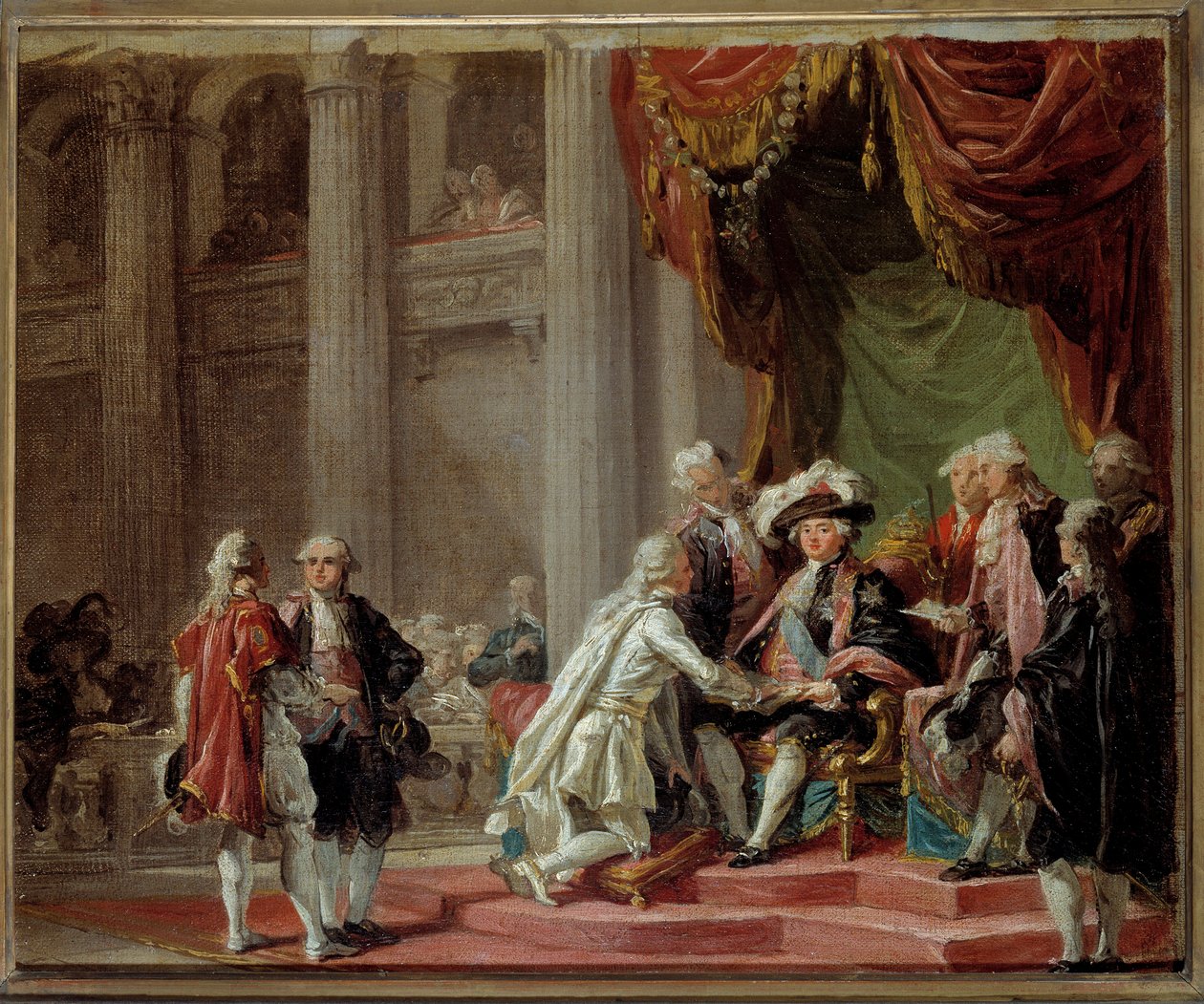 Přijetí rytíře Řádu svatého Lazara Jeruzalémského a Panny Marie z hory Karmel posledním velmistrem hrabětem z Provence (budoucím králem Ludvíkem XVIII.) (1755-1824) pod vedením Ludvíka XVI. Obraz Adelaide Labille Guiard (1749- 1803) 1788 kolem od Adelaide Labille Guiard
