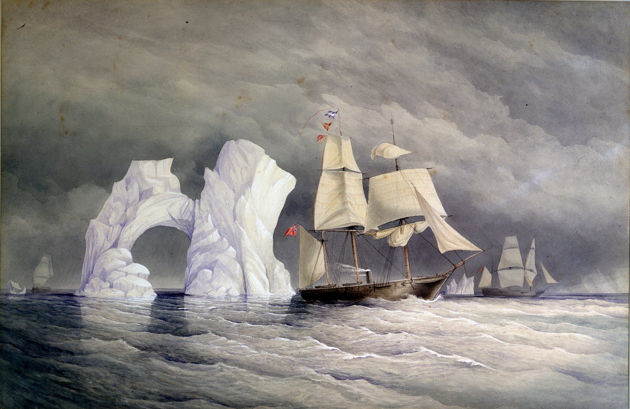 Britské lodě Phoenix, Talbot a Diligence proplouvají ledovcem (Arktická Kanada). Akvarel (58x88 cm), autor: Edward Augustus Inglefield (1820-1894) od Admiral Edward Augustus Inglefield