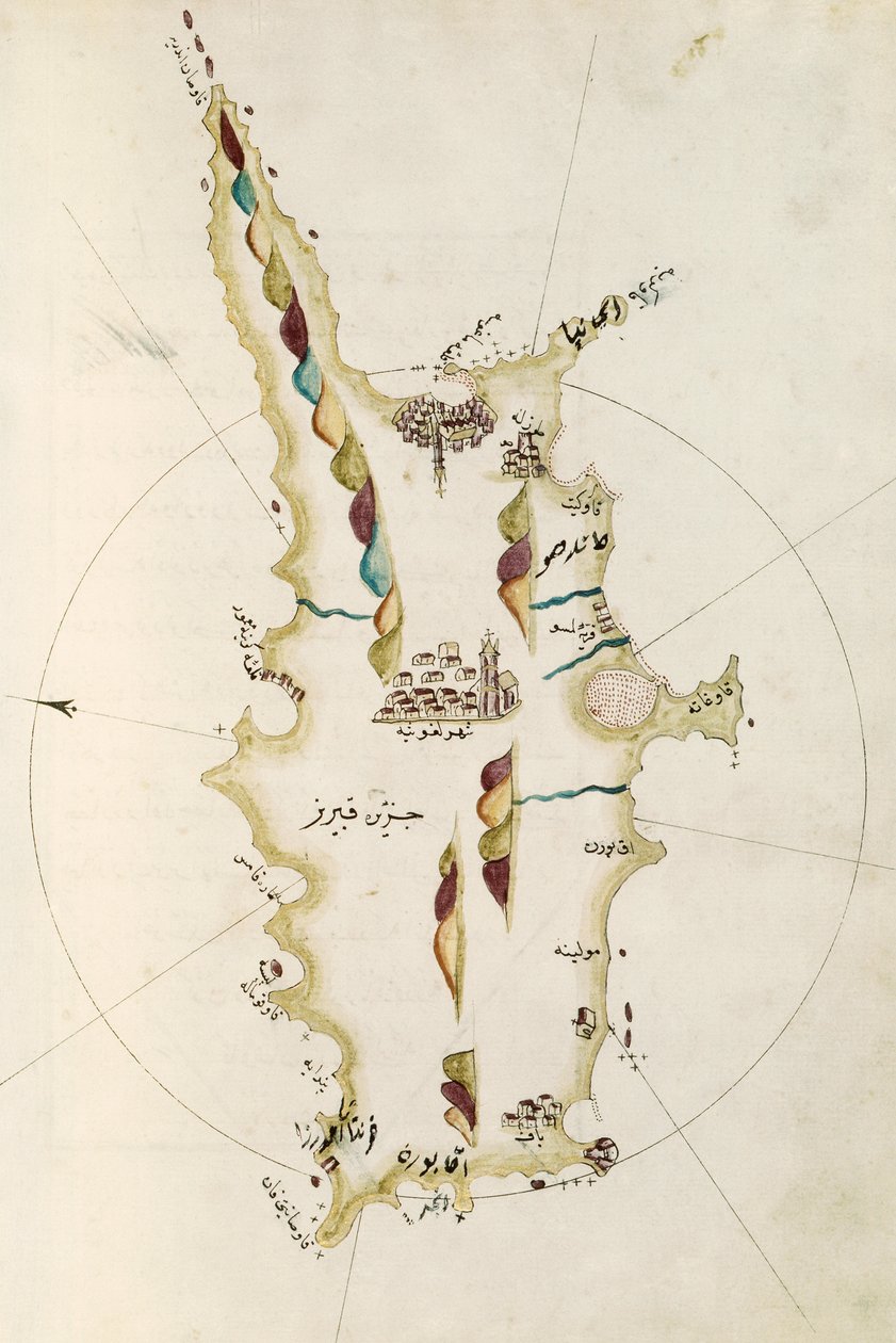 Mapa ostrova Kypr, ilustrace z atlasu Portolano, od admirála Piriho Reise (1465-1470 - 1553-1554) od Admiral Piri Reis