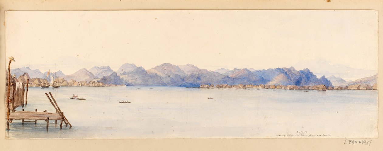 Borneo - pohled na řeku z našeho domu ze Západní Indie, Severní Ameriky a Bornea, cca 1845 (akvarel) od Admiral Sir Edward Gennys Fanshawe