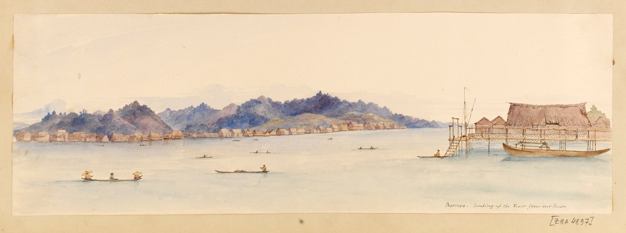 Borneo - pohled na řeku z našeho domu ze Západní Indie, Severní Ameriky a Bornea, cca 1845 (akvarel) od Admiral Sir Edward Gennys Fanshawe