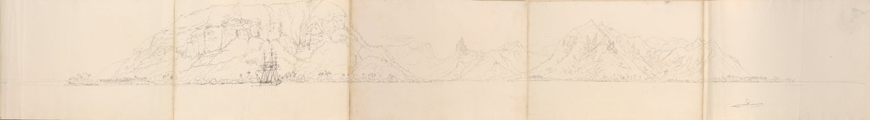 "Panorama Eimeo [Moorea], Společenské ostrovy od Admiral Sir Edward Gennys Fanshawe