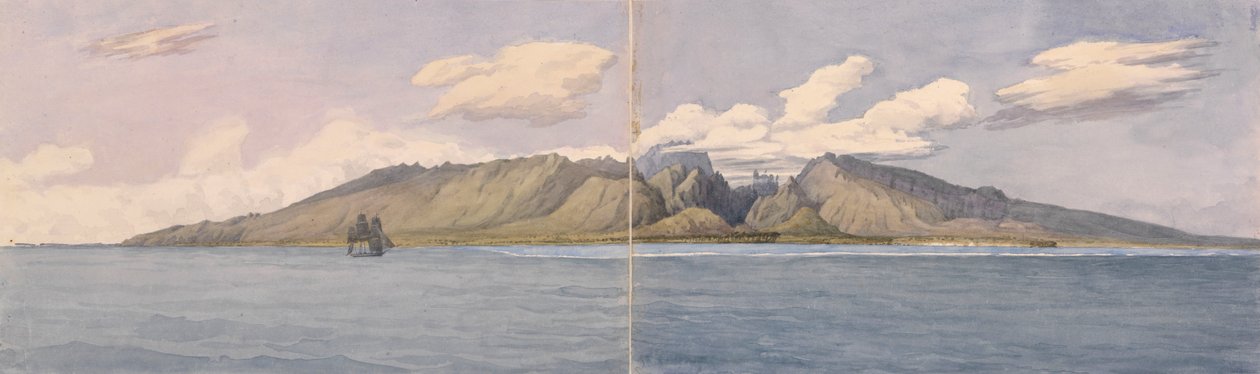 "Tahiti [Společenské ostrovy]. Úžina Fautaua - hora Crown nebo Diademe ve středu ostrova a město Papeiti, 24. srpna 1849". od Admiral Sir Edward Gennys Fanshawe