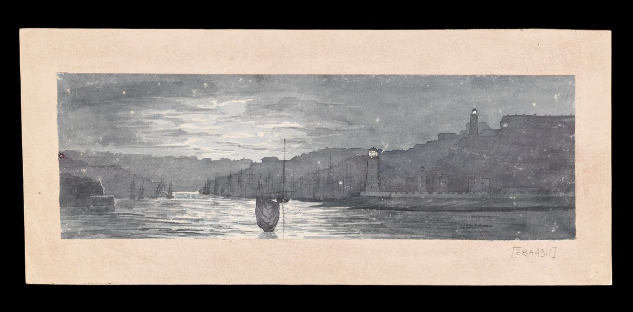 Ústí řeky Tyne s North a South Shields za měsíčního svitu, asi 1840 (akvarel, vyškrabávání, papír) od Admiral Sir Edward Gennys Fanshawe