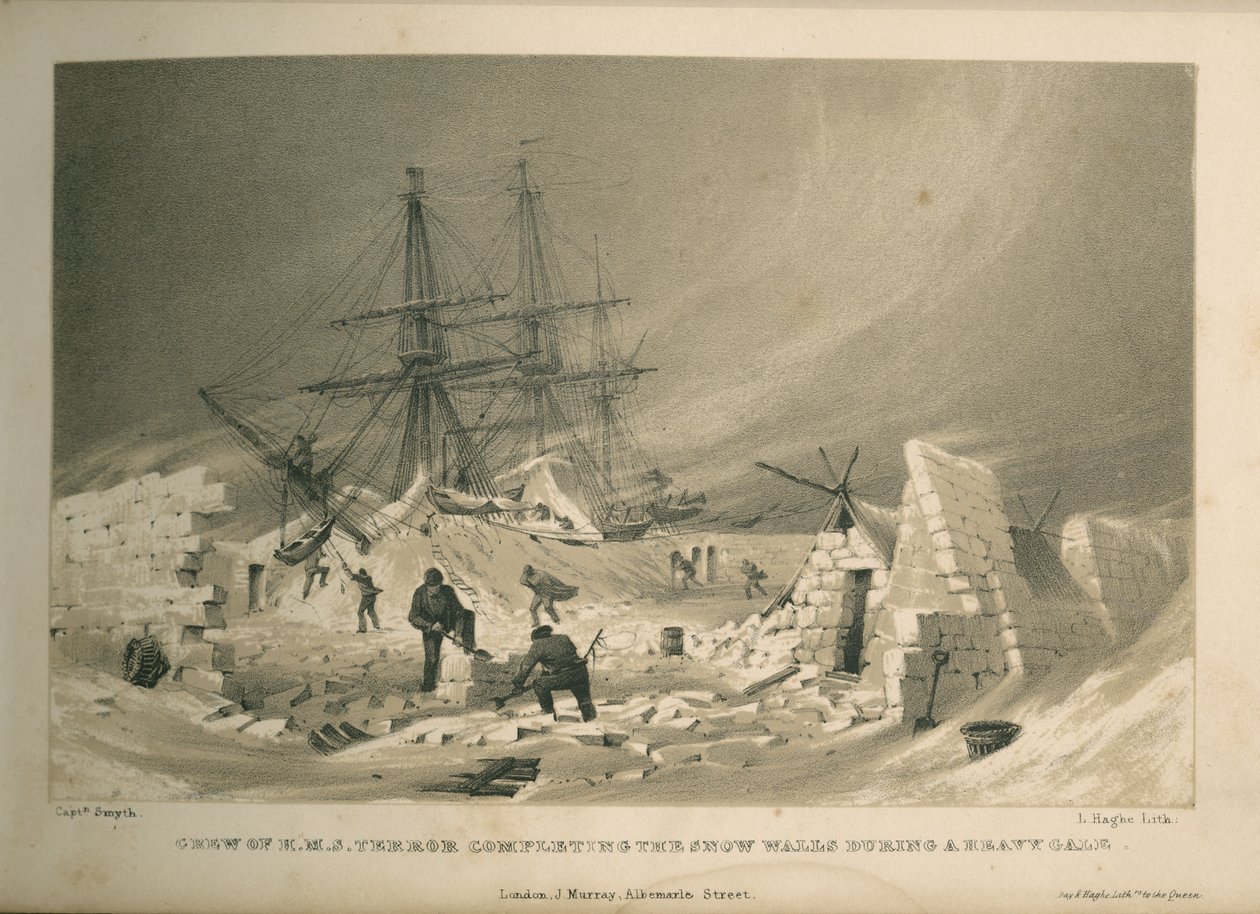 Posádka H.M.S. Teror dokončující sněhové stěny během silné vichřice od Admiral William Henry Smyth