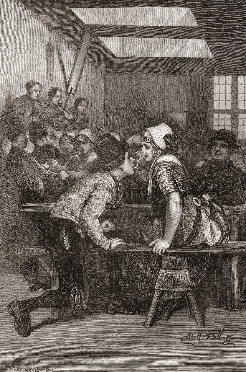 Mladý muž drží v zubech sklenici, aby ji mohl pít pro svého milence, Zeeland, Nizozemsko, ilustrace ze „Světa v rukou“, vyrytý Charlesem Laplantem († 1903), vydáno 1878 (gravi od Adolf Alexander Dillens