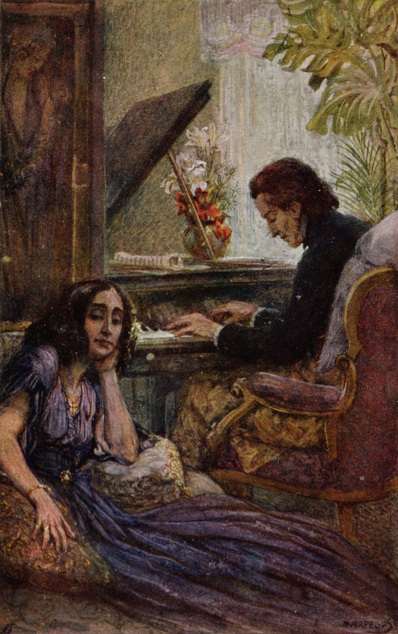 Pohlednice zobrazující George Sanda (1804-76) poslouchajícího Frederika Chopina (1810-1849) hrát na klavír, 1917 od Adolf Karpellus