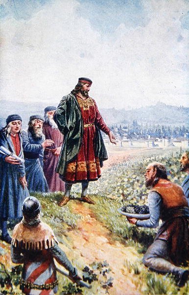 Karel IV. kontroluje hrozny při podpoře vinařství v Čechách, počátek 20. století (barevná litografie) od Adolf (after) Liebscher