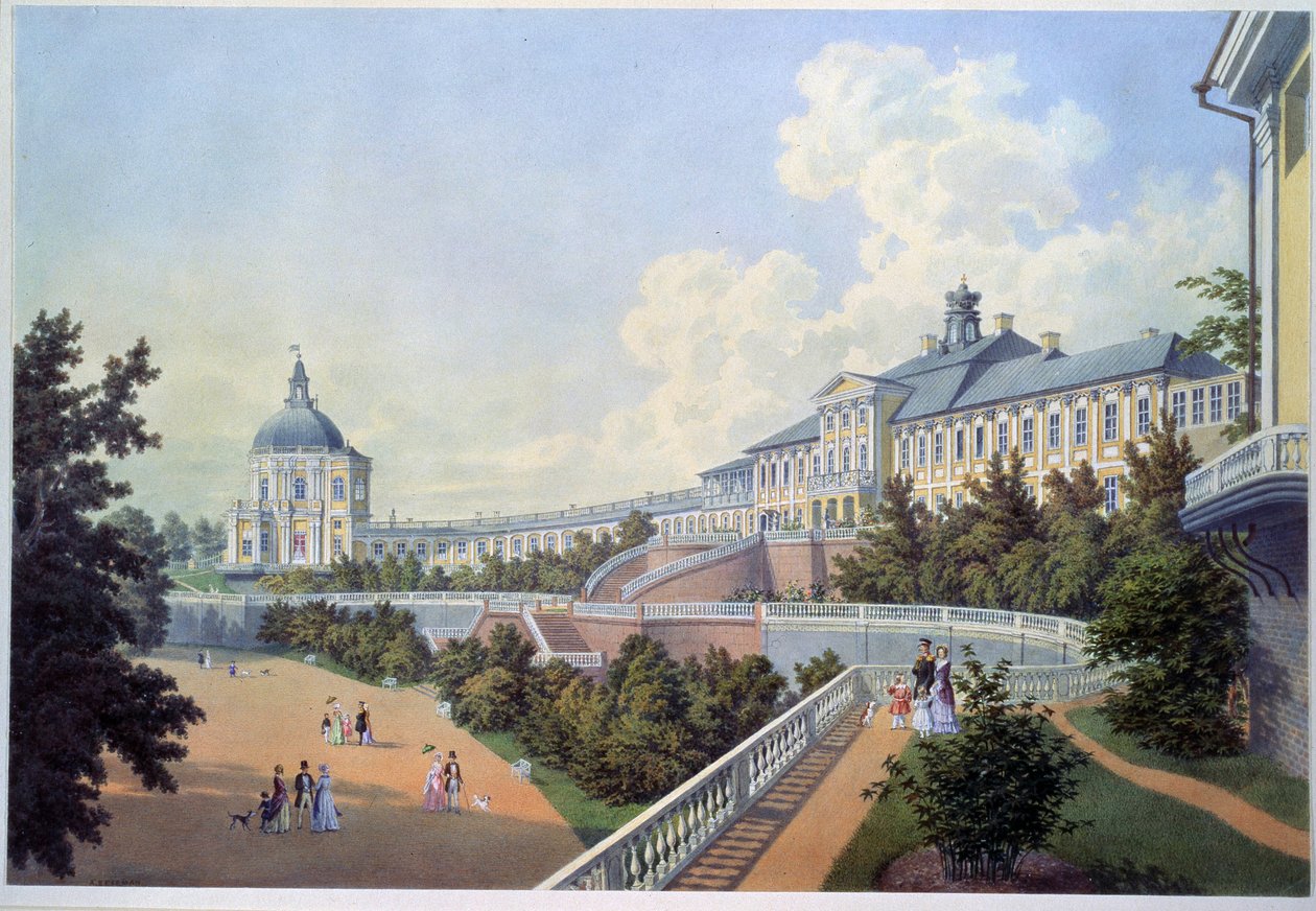Velký palác Oranienbaum (královské sídlo Ruska), který se nachází v Lomonossov v aglomeraci Petrohradu (velký palác Oranienbaum). Obraz Adolfa Bezemanna (1806-1867). akvarel na papíře od Adolf Besemann