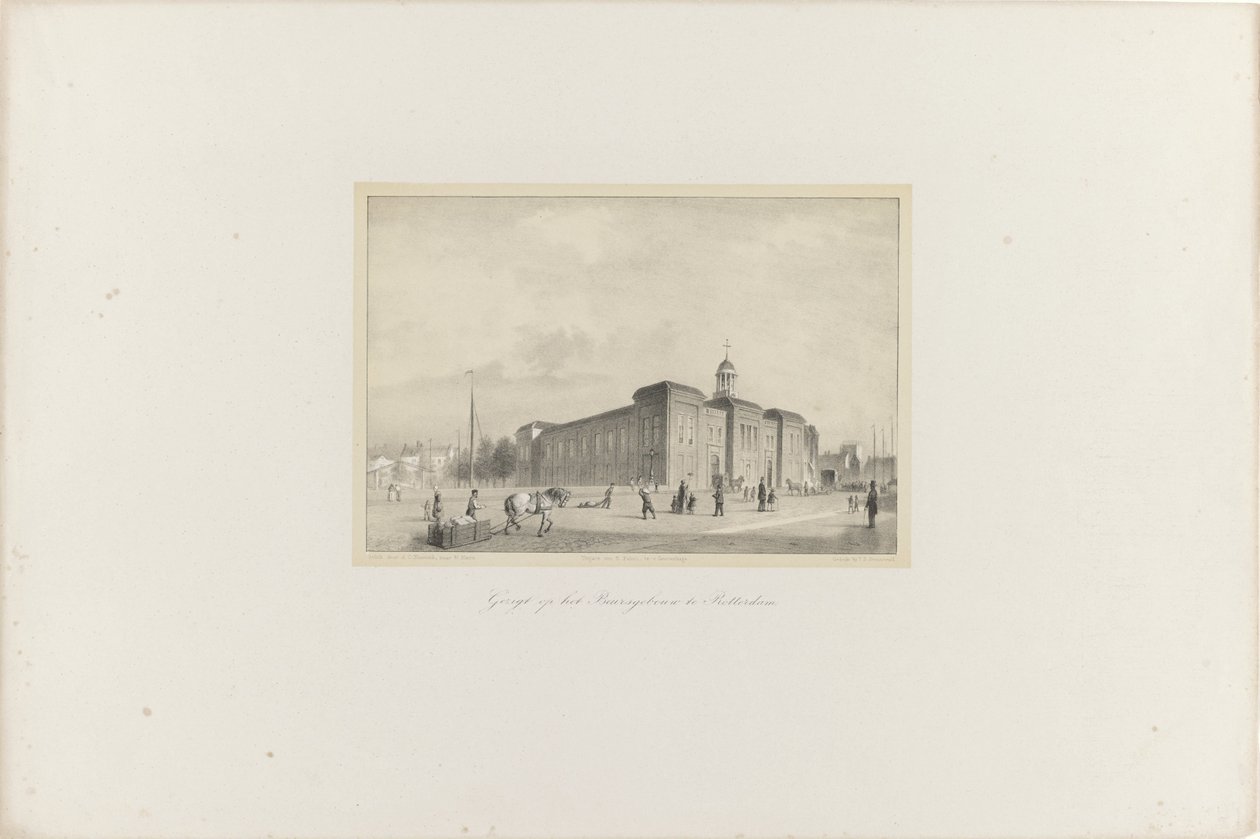 Pohled na Beursgebouw v Rotterdamu, 1854 Pohled na Beursgebouw v Rotterdamu (název na objektu) Společnost pro podporu Toonkunstu, její hudební festival a město Rotterdam. vzpomínka na rok 1854 (název série na objektu) od Adolf Carel Nunnink