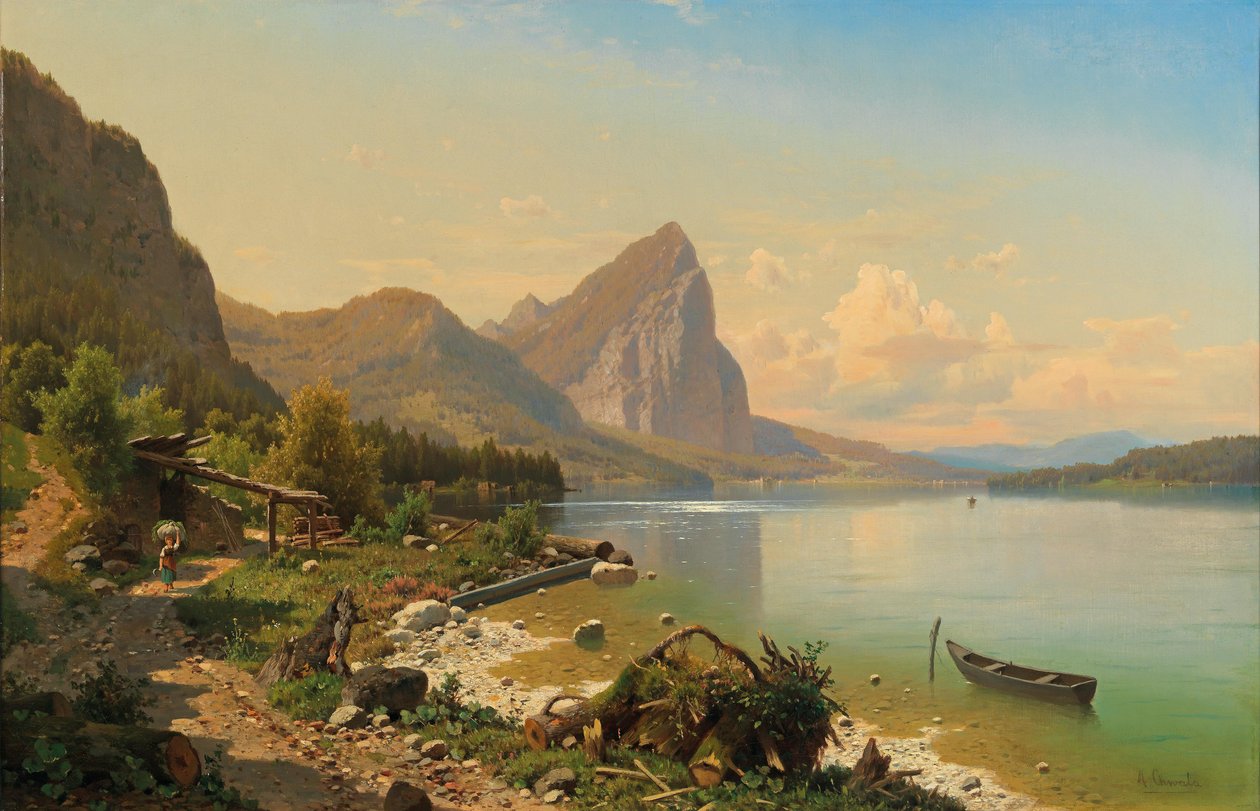 Hra na Mondsee u Scharflingu s výhledem na Drachenwand od Adolf Chwala