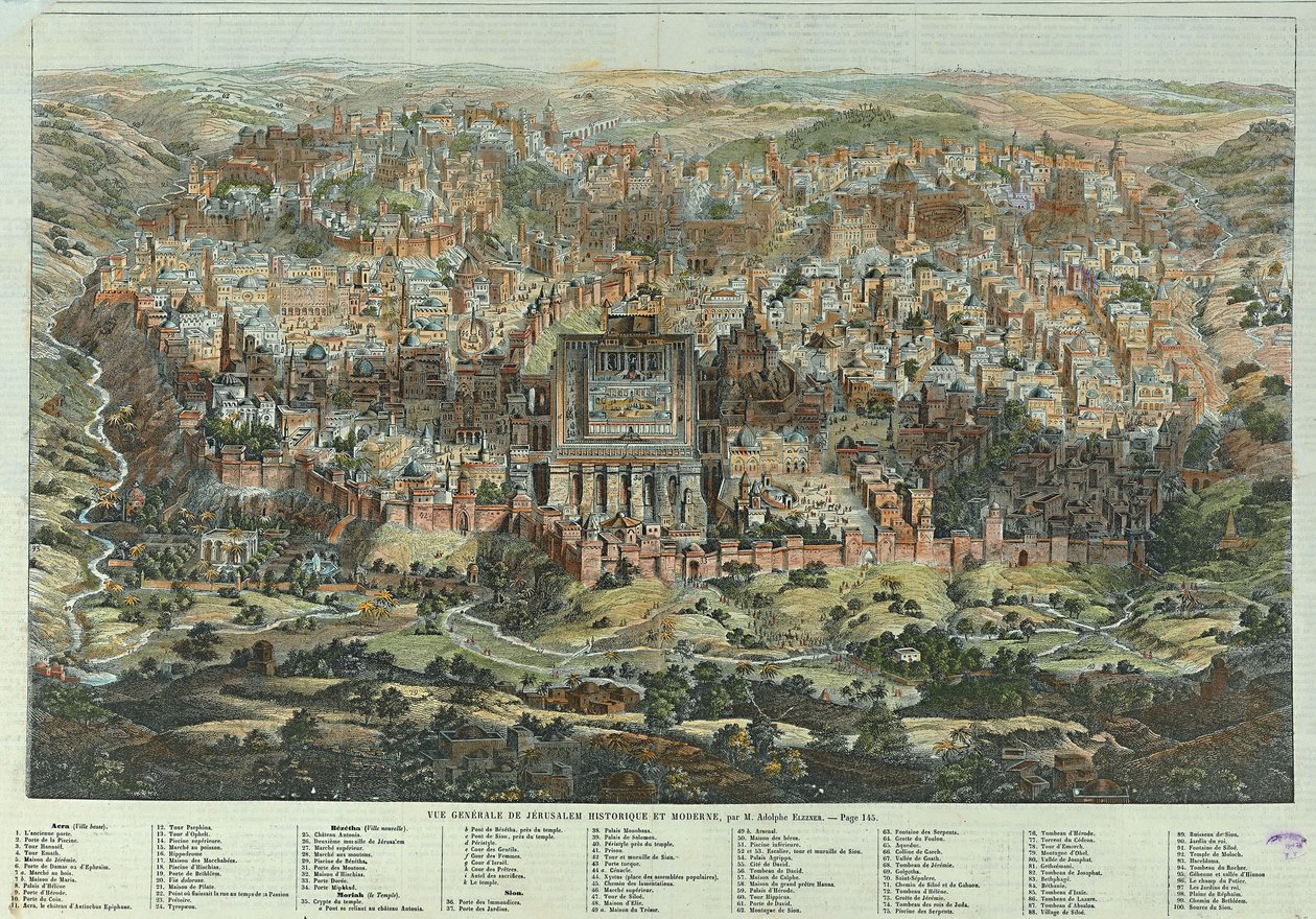 Celkový pohled na historický a moderní Jeruzalém. Dílo Adolfa Eltznera (1816-1891), litografie kolem roku 1862. Německé umění, kartografie 19. století. Soukromá sbírka. od Adolf Eltzner