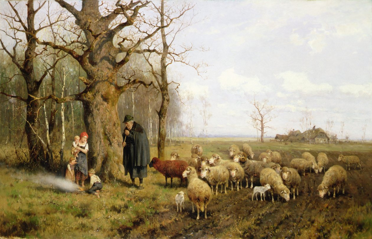 Děti s pastýřem a ovečkami v krajině (olej na plátně) od Adolf Ernst Meissner