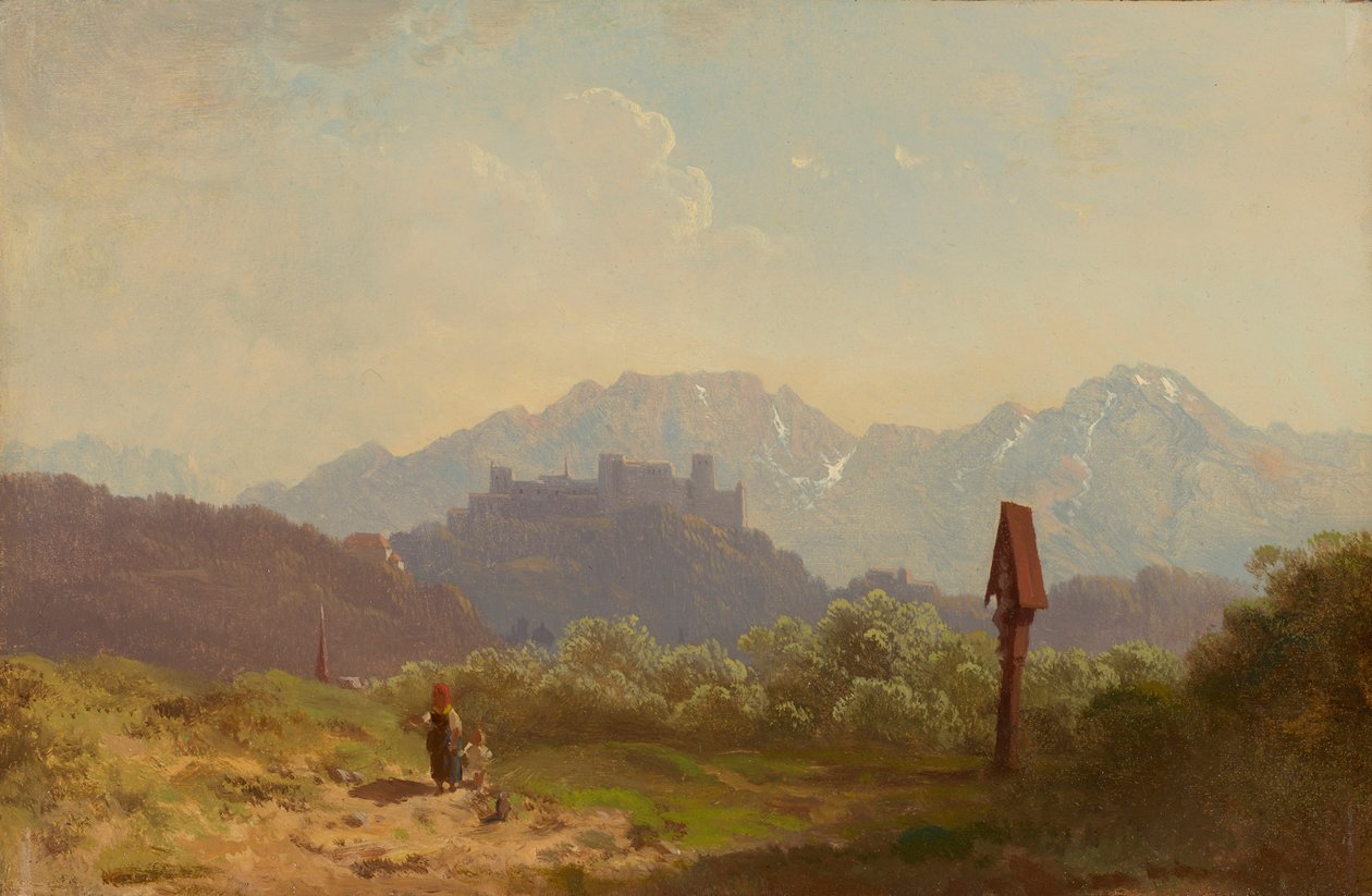 Pozemek u Salzburgu s výhledem na pevnost Hohensalzburg a za ní tyčící se Untersberg od Adolf Heinrich Lier